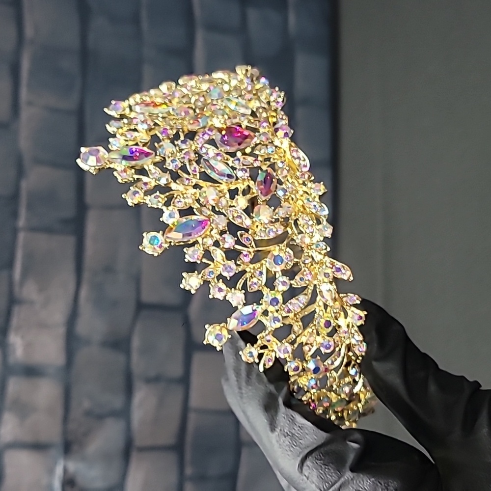 Elegant Metal Gold Tiara with Iridescent Rhinestones